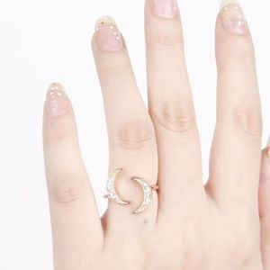 Adjustable Double Moon Gold and Crystal Ring